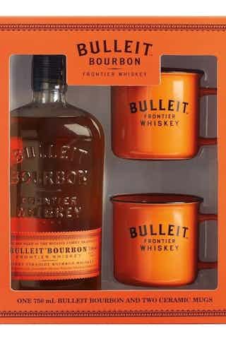 Bulleit Bourbon Whiskey Bottle with Two Branded Ceramic Mugs